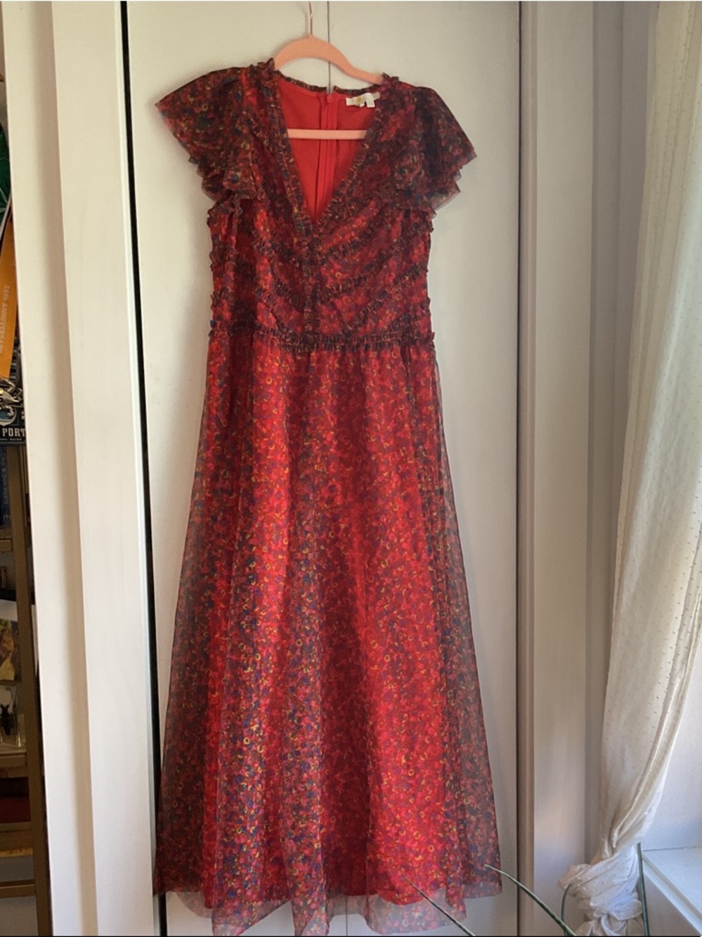 Boden Red Floral V-Neck Flutter-Sleeve Maxi Dress